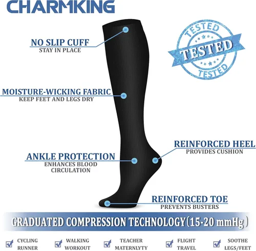 Miniatura 5 de CHARMKING Calcetines de compresión para mujeres y hombres (4 pares) de 15 a 20 mmHg es el mejor apoyo para atletismo, correr, ciclismo