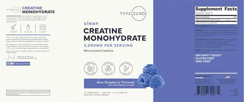 Miniatura 5 de Type Zero Monohidrato de creatina en polvo, 17.64 oz, sabor a frambuesa azul, sin gluten
