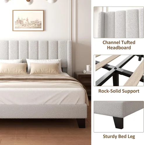 Miniatura 7 de Marco de Cama Queen con Cabecero Tapizado Marco de Cama de Plataforma con Cabecero de Terciopelo Teddy, Soporte de Listones de Madera/Diseño de Gris
