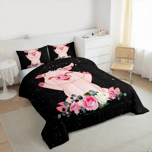 Miniatura 3 de Erosebridal Juego de edredón de cerdo rosa para niñas, decoración de habitación Kawaii, tamaño individual, relleno de edredón de hojas florales