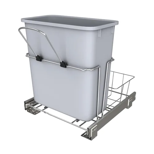 Rev-A-Shelf Bote de basura extraíble universal de 20 cuartos de galón para gabinete de cocina de alambre metálico deslizante con cesta trasera para