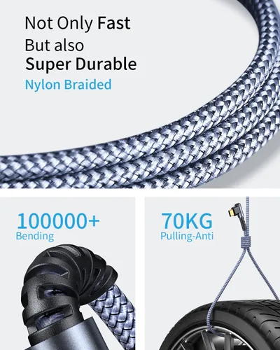 Miniatura 5 de MRGLAS Cable USB C 3.2A (actualizado a 90° y chapado en oro), [4 unidades, 10+6.6+3.3+1.6 pies] Cable de carga rápida tipo C de nailon trenzado USB