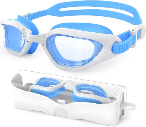 Miniatura 13 de Gafas de natación para niños en doble tono, almohadillas ajustables para la nariz y silicona suave a prueba de fugas (6-14), visión clara, antivaho
