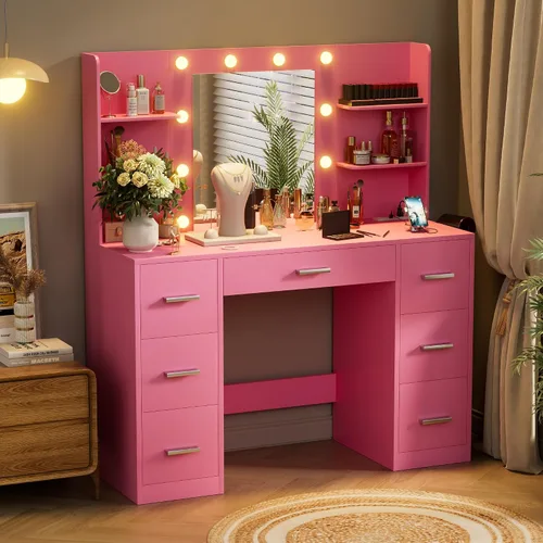 Miniatura 2 de VICTONE Escritorio de tocador con espejo iluminado LED y toma de corriente, 3 modelos de luces, mesa de tocador de maquillaje con 7 cajones y 6