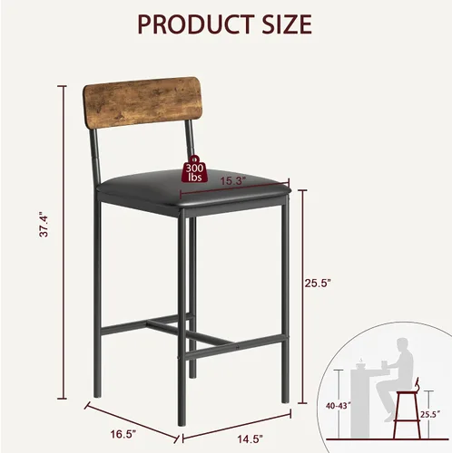 Miniatura 6 de Amyove Juego de 2 taburetes de bar, sillas de bar tapizadas con respaldo, taburetes de cocina de 25.5 pulgadas con reposapiés, cojín grueso, Marrón