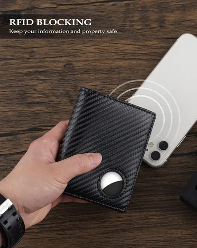 Miniatura 23 de Swallowmall AirTag Billetera para hombre con bloqueo RFID, de piel auténtica, plegable, para AirTag con 1 ventana de identificación, 13 tarjeteros