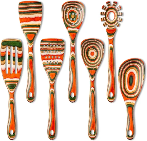 Miniatura 8 de Gudamaye Pakkawood - Utensilios de cocina de madera azul de 7 piezas, cucharas de madera, juego de utensilios de cocina, cucharas antiadherentes