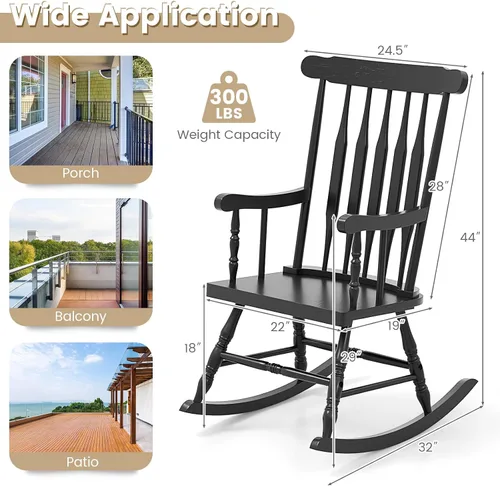 Miniatura 3 de Giantex Mecedora de madera para exteriores, mecedora de patio con marco de madera de goma maciza, respaldo de listones, balancín exterior e