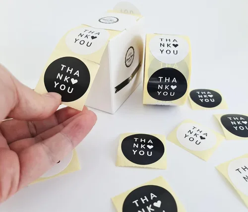 Miniatura 5 de 500 calcomanías de agradecimiento, diseño elegante para negocios, 2 diseños únicos, caja dispensadora redonda de 1.5 pulgadas, ideal para minoristas