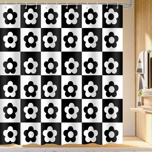 Miniatura 2 de Retro Flower Checkered Shower Curtain Black White Vintage Floral Plaid Fabric Shower Curtians 72x72Inch Washable Groovy Aesthetic Modern Hippie Boho