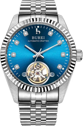 Miniatura 16 de BUREI Reloj automático de lujo para hombre, resistente al agua, reloj mecánico, correa ajustable de dos tonos de acero inoxidable