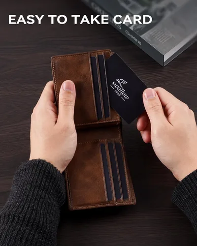 Miniatura 15 de Swallowmall Cartera de piel con bloqueo Rfid para hombre, billetera plegable con tarjeta extraíble, 2 ventanas para identificación, 10 ranuras