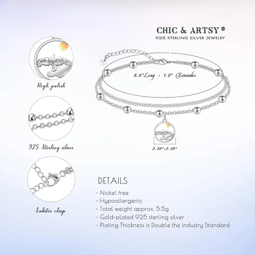 Miniatura 67 de CHIC & ARTSY Tobilleras de plata de ley S925 para mujer, pulsera de tobillo ajustable multicapa para playa, joyería de verano para mujer, de 10 a 11