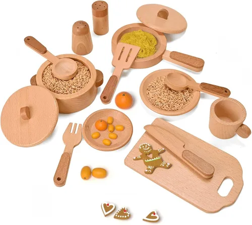 Miniatura 7 de Juego de accesorios de cocina, juguetes de madera Montessori, juego de cocina para niños, platos, platos, ollas, sartenes, juego de cocina, 15
