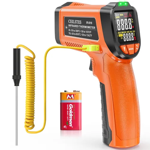 Pistola de Termómetro Infrarrojo, Pistola de Temperatura Digital Láser sin Contacto, -58 °F a 1076 °F, Emisividad Ajustable y Valores Máx/Mín para