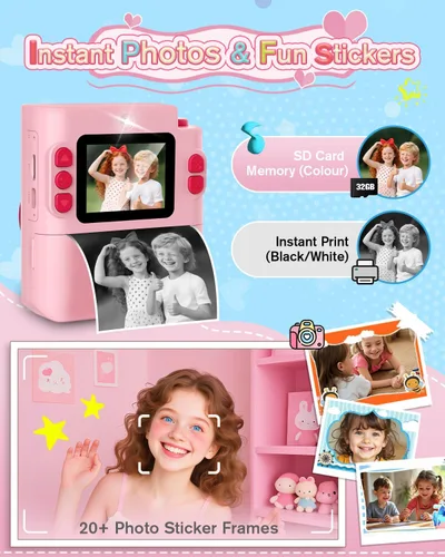 Miniatura 5 de Juguetes de cámara para niños de 3, 4, 5, 6, 7, 8, 9, 10 años, regalo de cumpleaños de Navidad con cámara digital HD 1080P, tarjeta SD de 32 GB, Rosa