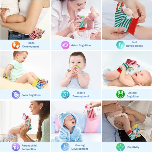 Miniatura 4 de BLOOBLOOMAX Sonajeros de calcetín para bebés 0-24 meses, juguetes educativos de animales para pies de bebé