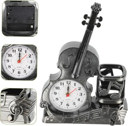 Miniatura 5 de BESTOYARD Reloj despertador de violín con soporte para bolígrafo, reloj de mesa analógico alimentado por batería, 8.66 x 5.90 x 1.96 pulgadas, 5.85