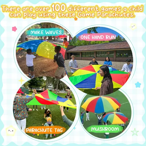 Miniatura 2 de Sonyabecca Juego de paracaídas para niños de 8 pies, 10 pies, 12 pies, 16 pies, 20 pies para 8 a 12 años, juego de fiesta para niños