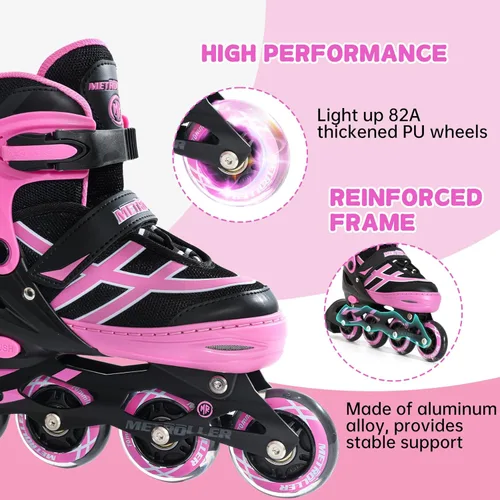 Miniatura 3 de METROLLER Patines en línea para niñas y niños Edades 5-8 8-12 Patines en línea ajustables con ruedas iluminadas Patines en línea para jóvenes y Rosa