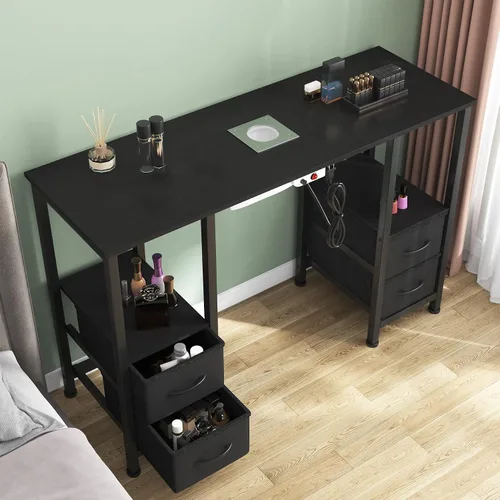 Mesa de Manicura para Técnico de Uñas, Estación de Mesa para Técnico de Uñas con 4 Cajones de Almacenamiento y 2 Estantes Abiertos, Mesa de Uñas con