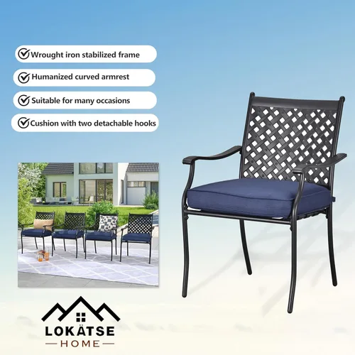 Miniatura 4 de LOKATSE HOME Juego de 4 sillas apilables para exteriores, sillas de comedor de hierro forjado con cojines y reposabrazos, juego de muebles de metal