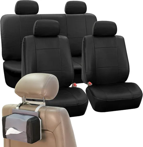 FH Group Juego completo de fundas de asiento de automóvil de piel sintética con regalo, ajuste universal para automóviles, camiones y SUV (negro)