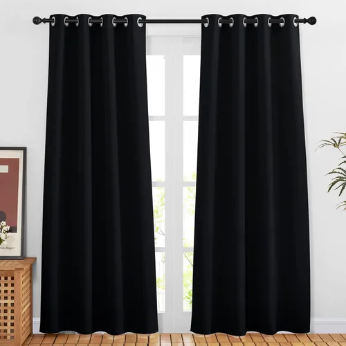 NICETOWN - Juego de 2 paneles de cortinas opacas negras de 80 pulgadas de longitud con ojales, tratamientos de ventana con aislamiento térmico, Negro