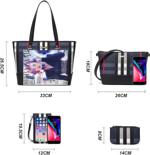 Miniatura 158 de Juego de 4 bolsas modernos para mujer de cuero sintético: bolso tote, bolso de hombro, bolso de mano y cartera.