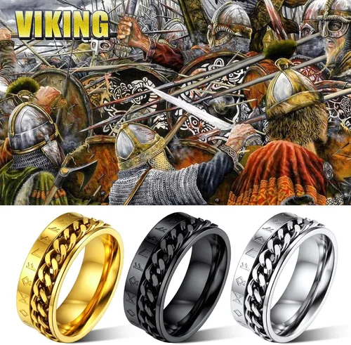 Miniatura 3 de FaithHeart Anillo giratorio nórdico vikingo con runas de acero inoxidable chapado en oro para hombres y mujeres, puede grabar personalizado