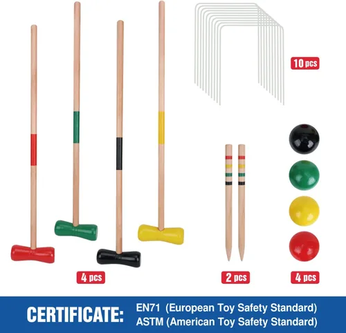 Miniatura 7 de GOTHINK Juego de croquet para 4 jugadores con bolas de madera para adultos y niños, juegos de verano al aire libre para escuela, campo, día
