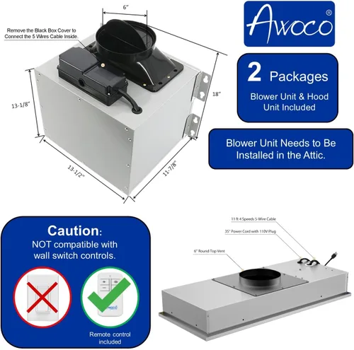 Miniatura 5 de Awoco RH-C06 - Campana de acero inoxidable de 6 pulgadas y 4 velocidades para usar debajo del gabinete, 900 CFM, con luces, 30, 36 y 42 pulgadas