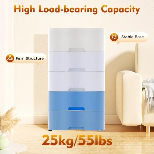 Miniatura 6 de Cajones de plástico, armario de almacenamiento de 5 cajones, torre vertical apilable de almacenamiento de ropa, armario alto y pequeño para Azul