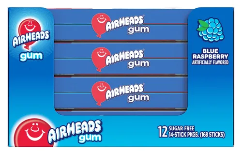 Miniatura 4 de Airheads Dulces, Chicle, Sabor Frambuesa Azul, Sin Azúcar, Xilitol, 14 Palitos por Paquete, Caja de 12 Paquetes