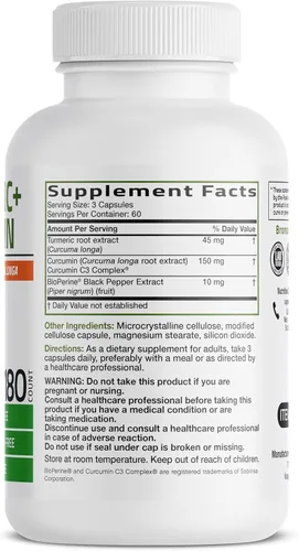 Miniatura 2 de Bronson Curcumina de cúrcuma extra fuerte, antioxidante, apoyo articular y digestión con BioPerine, sin OMG, 180 cápsulas vegetarianas