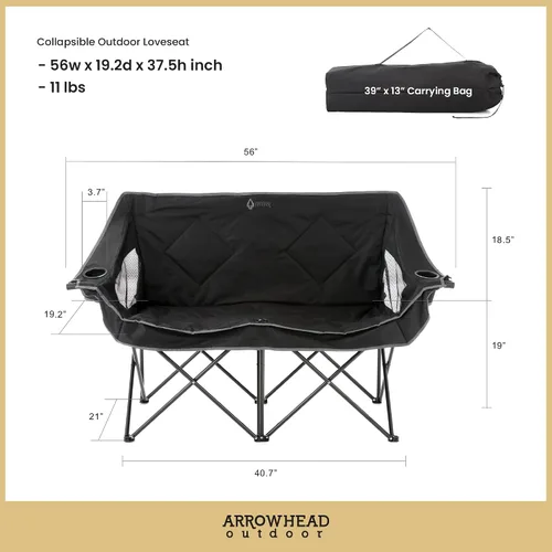 Miniatura 3 de ARROWHEAD OUTDOOR Silla de camping plegable portátil doble Duo con 2 tazas y soporte para copas de vino, bolsa de transporte, soporta hasta 650