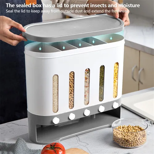 Miniatura 8 de Dispensador de alimentos secos para montaje en pared, dispensador de granos de café de arroz para encimera de 5 rejillas, dispensador de cereales
