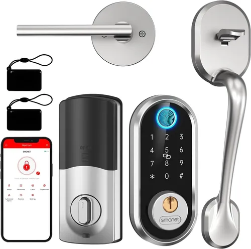 Manija de cerradura de puerta de entrada sin llave: SMONET Smart Front Door Lock Set Alexa Deadbolt Cerraduras con mango Bluetooth Teclado digital