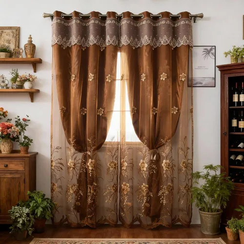 Miniatura 15 de Amidoudou 1 par de cortinas europeas de doble capa para sala de estar, dormitorio, cortinas bordadas de flores de lujo con cenefa
