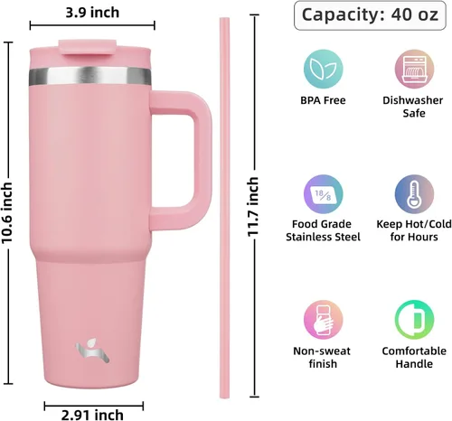 Miniatura 4 de Konokyo - Vaso de 40 onzas con asa y 2 pajillas, botella de agua aislada 2 en 1 con tapa. Taza de viaje de acero inoxidable para café, rosa