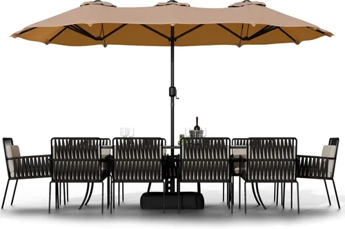 Miniatura 10 de Shintenchi Sombrilla de patio grande de 16 pies con base, sombrilla rectangular de doble cara para exteriores, sombrilla de mercado con manivela