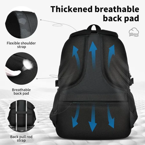 Miniatura 6 de Mochila ligera de camuflaje negro, compartimento para portátil de 15-17 pulgadas, para escuela, universidad, viajes, Casual