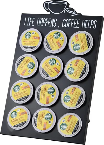 Miniatura 5 de Organizador de 12 cápsulas K para tazas, soporte de almacenamiento de cápsulas de café de madera compacta negra, organizador de Kcup para el hogar
