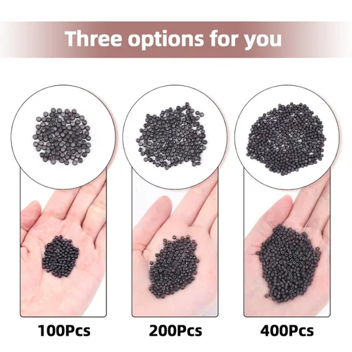 Miniatura 5 de Vlasy 100 Piezas Cuentas de Nano Anillo con Forro de Silicona para Extensiones de Cabello Humano con Nano Anillo 5 Colores Opcionales (Negro)