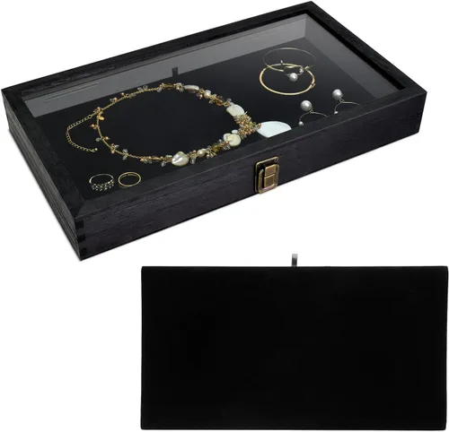 MOOCA Vitrina de madera para joyas, vitrina de bolsillo con tapa superior de vidrio templado y almohadilla de joyería de terciopelo MDF de lujo
