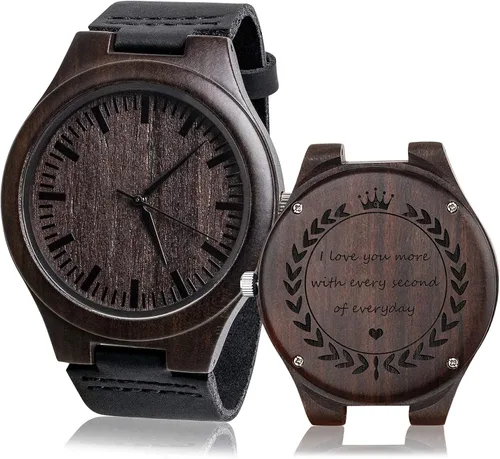 Relojes de pulsera de madera de cuarzo analógico vintage grabados para hombre, hechos a mano, casual, marido, con correa de piel, reloj para papá,