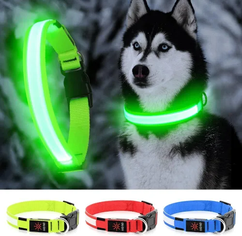 Miniatura 12 de YFbrite Collar de perro LED ajustable ultraligero, collares de perro con luz recargable que brilla en la oscuridad, collares de visibilidad y Verde
