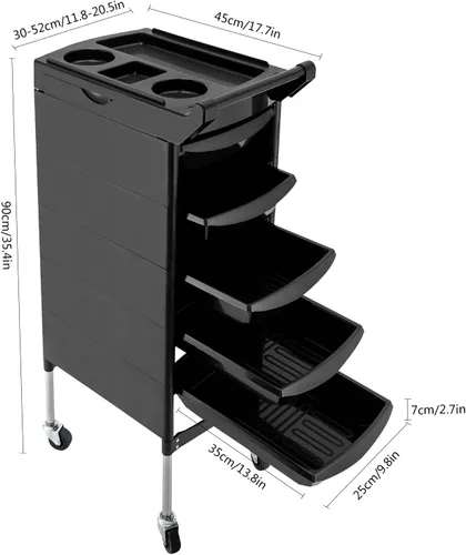 Miniatura 2 de Carrito profesional de salón, carrito de salón negro con asa y ruedas, 5 cajones y 2 soportes para secadora de pelo, bandeja lateral, carrito