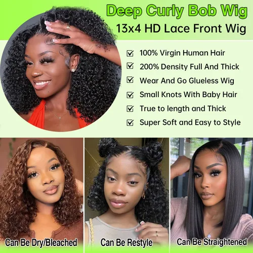 Miniatura 3 de Pelucas cortas de 10 pulgadas estilo Bob 13x4 con ondas profundas, peluca de pelo humano estilo Bob con encaje frontal HD de 200% de densidad