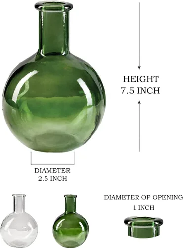 Miniatura 5 de Serene Spaces Living Juego de 2 jarrones redondos de cristal con cuello de botella verde, florero vintage para mesa de consola, estante, sala